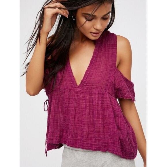 Free People Flowing Cotton Gauzy One Off The Shoulder Blouse - Picture 1 of 9